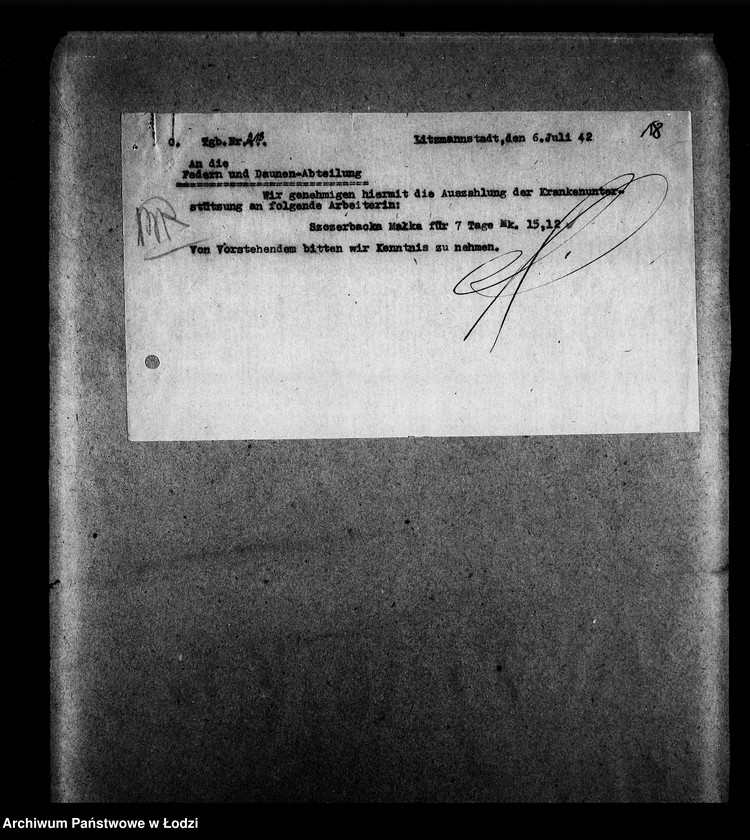 Obraz 18 z jednostki "Federn-und Daunen Abteilung [Zasiłki chorobowe dla pracowników wydziału, zaświadczenia lekarskie, listy pracowników]"