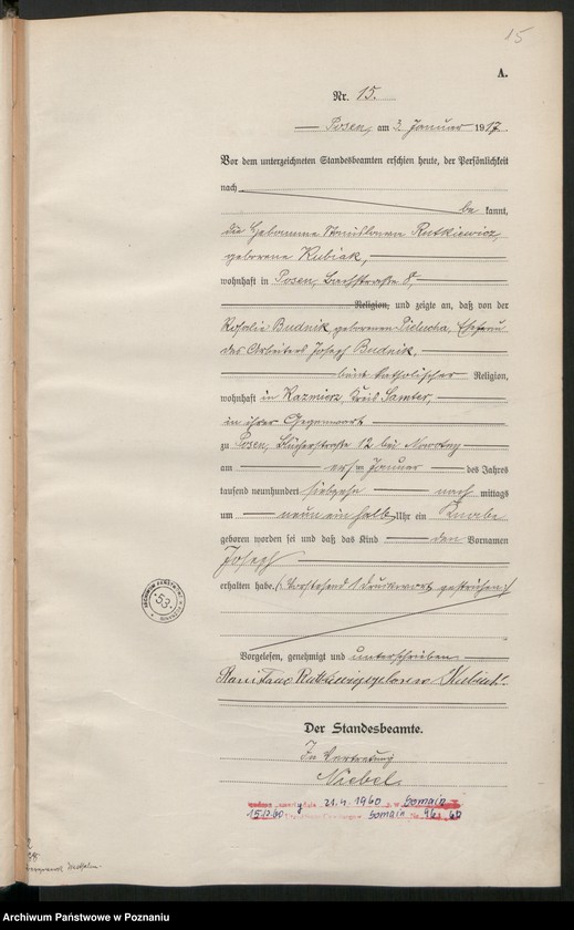 Obraz 17 z jednostki "Księga miejscowa urodzeń tom I [Rejestr główny urodzeń]"