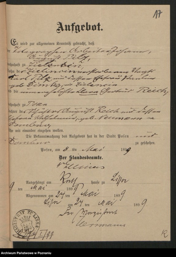 Obraz 19 z jednostki "Die von den Verlobten beigebrachten Urkunden zur Eheschliessung pro 1899"