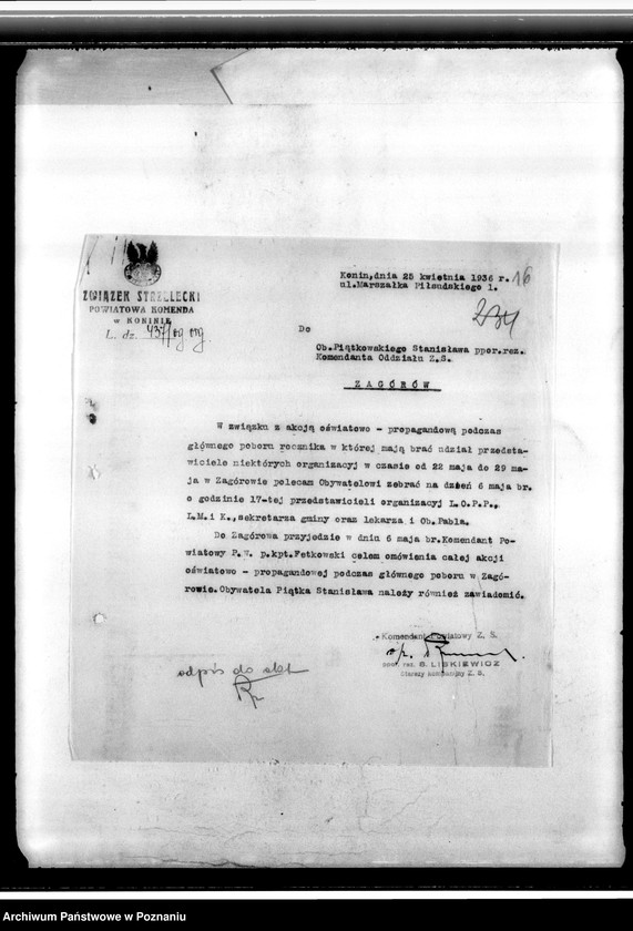 Obraz 20 z jednostki "Korespondencja Komend Powiatowych Związku Strzeleckiego w: Wyrzysku, Czarnkowie oraz w Koninie z jednostkami podległymi"