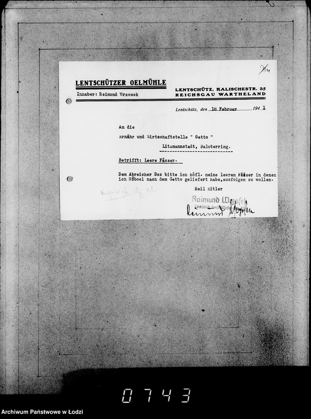 Obraz 8 z jednostki "[Zlecenia na dostawę dla ludności Getta artykułów spożywczych- ziemniaki, chleb, mąka, mięso- oraz zwrot opakowań]"