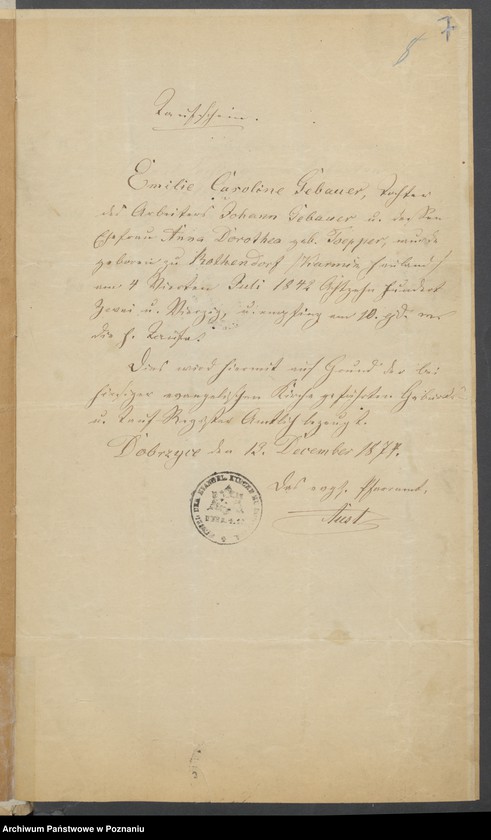 Obraz 10 z jednostki "Die von den Verlobten beigebrachten Urkunden zur Eheschliessung pro 1875"