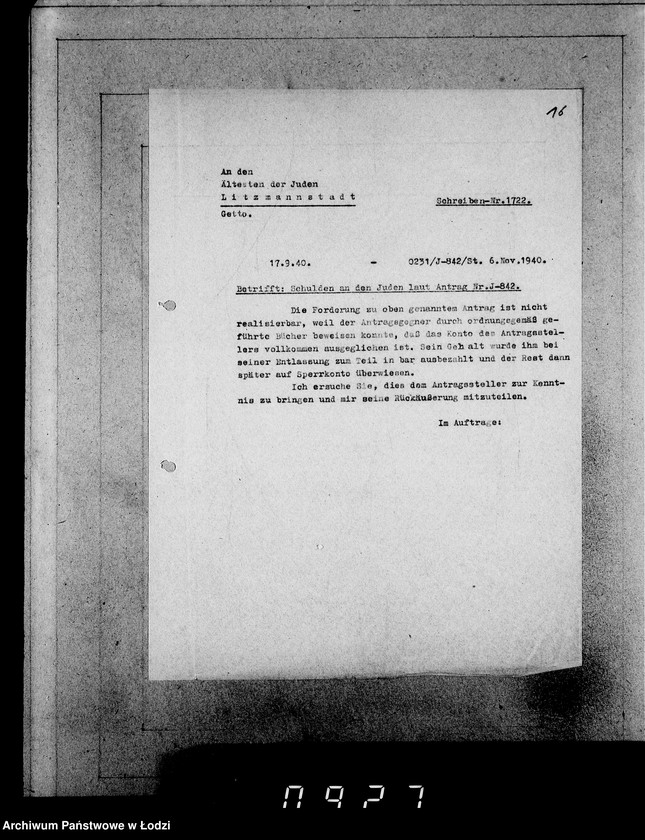 Obraz 20 z jednostki "J.841-860 [Wnioski Żydów z Getta o zwrot należności za prace lub towar wzięty na kredyt]"