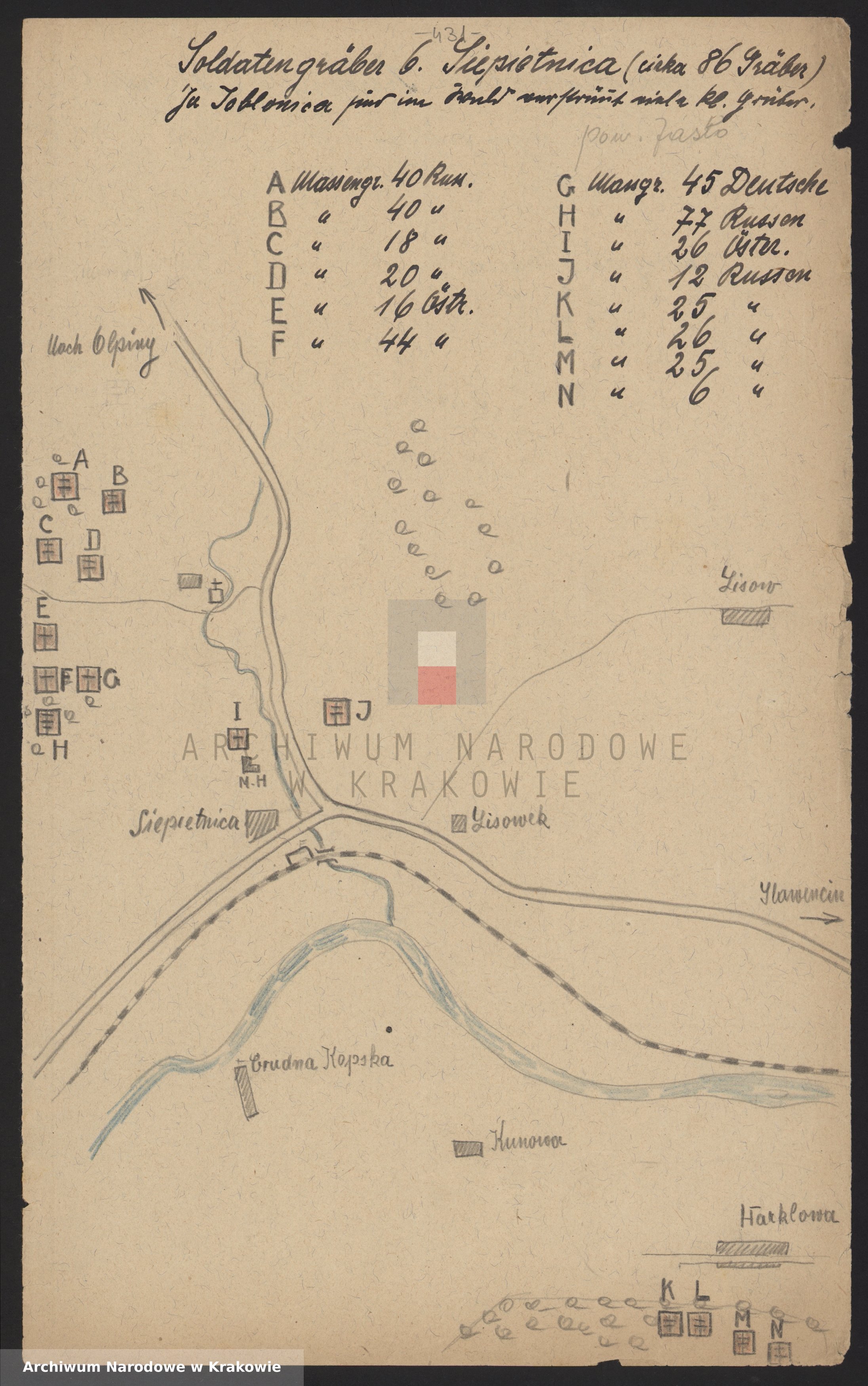 Skan z jednostki: Wykazy poległych i zmarłych żołnierzy i jeńców, plany oraz sprawy gruntowe cmentarzy wojennych w powiecie Jasło, (miejscowości K-Z).