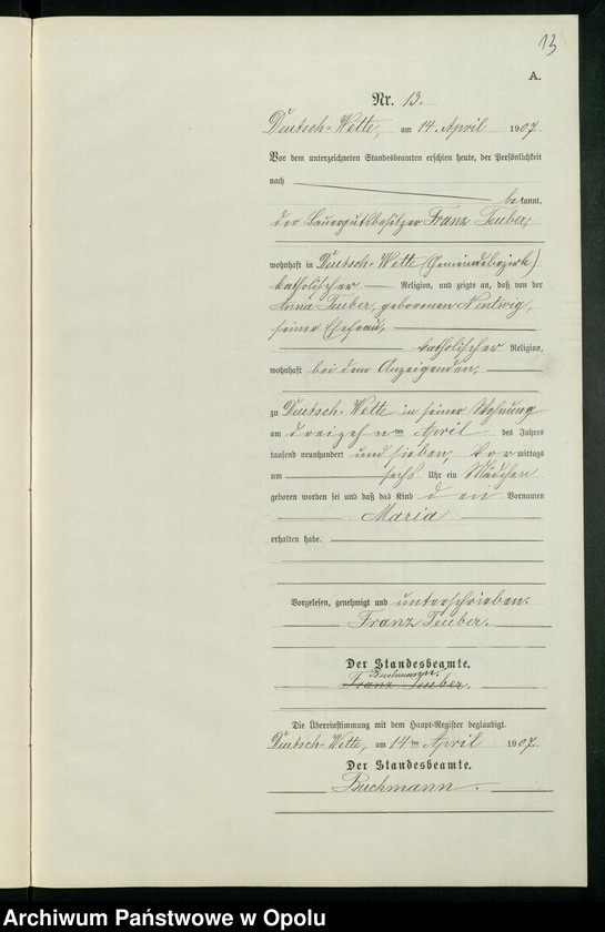 Obraz 17 z jednostki "Geburts-Neben-Register des Standesamts Deutsch Wette pro 1907"