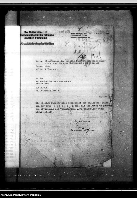 Obraz 10 z jednostki "Überführung des geistig zurückgeblie benen Harry Leepa in eine Heilanstalt im Altreich"