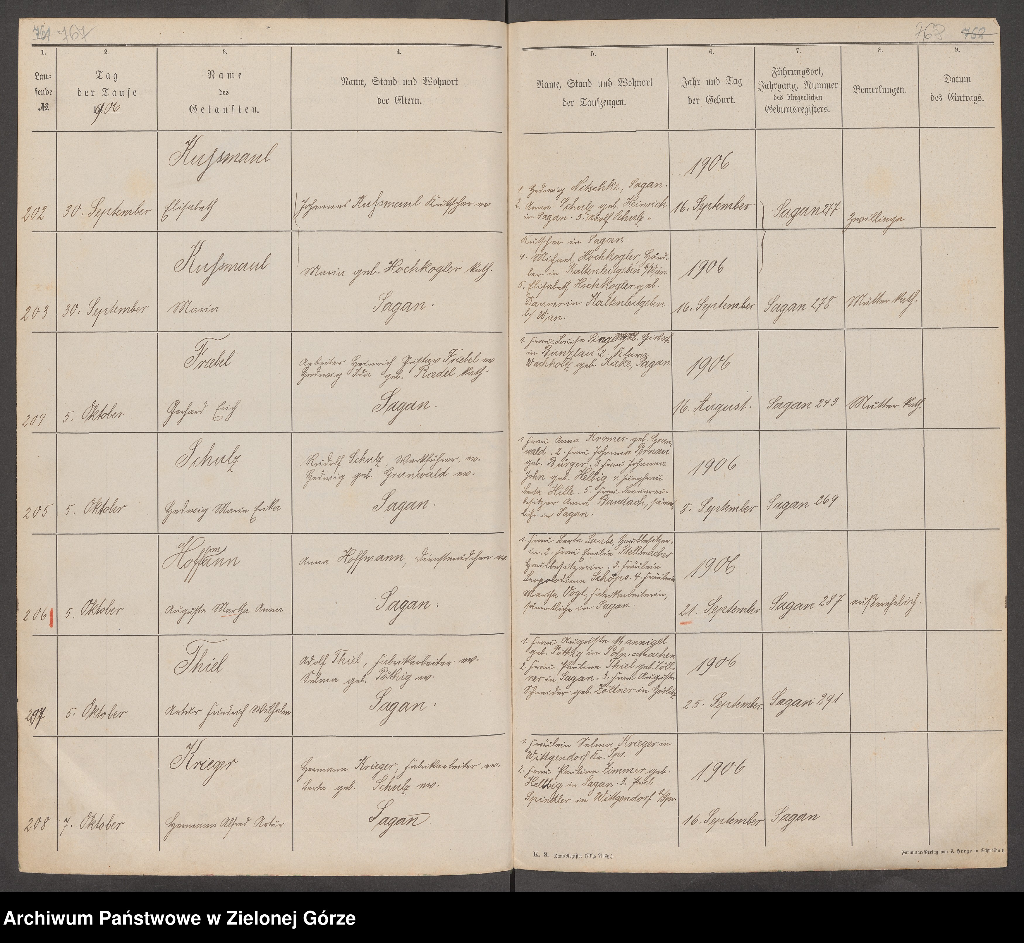 Skan z jednostki: Tauf - Register der Evangelischen Kirche zu Sagan angefangen den 1. Januar 1897 Beendet 31 Dezember 1908