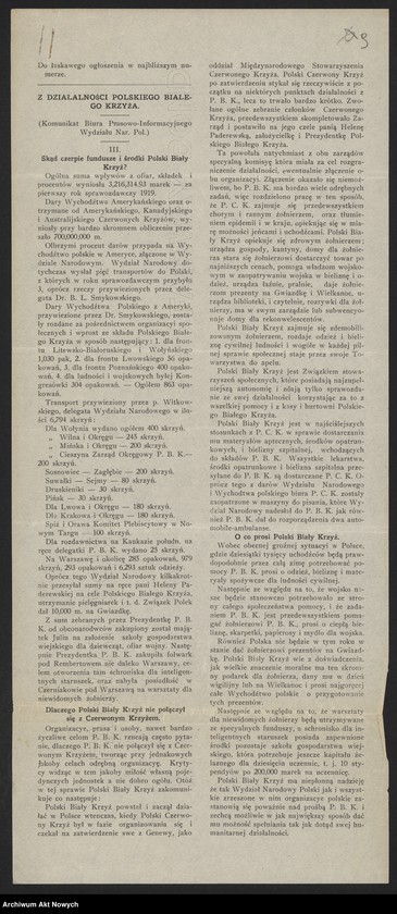 image.from.unit.number "Materiały propagandowo-informacyjne o działalności Polskiego Białego Krzyża: odezwy, przemówienia, artykuły i notatki prasowe"