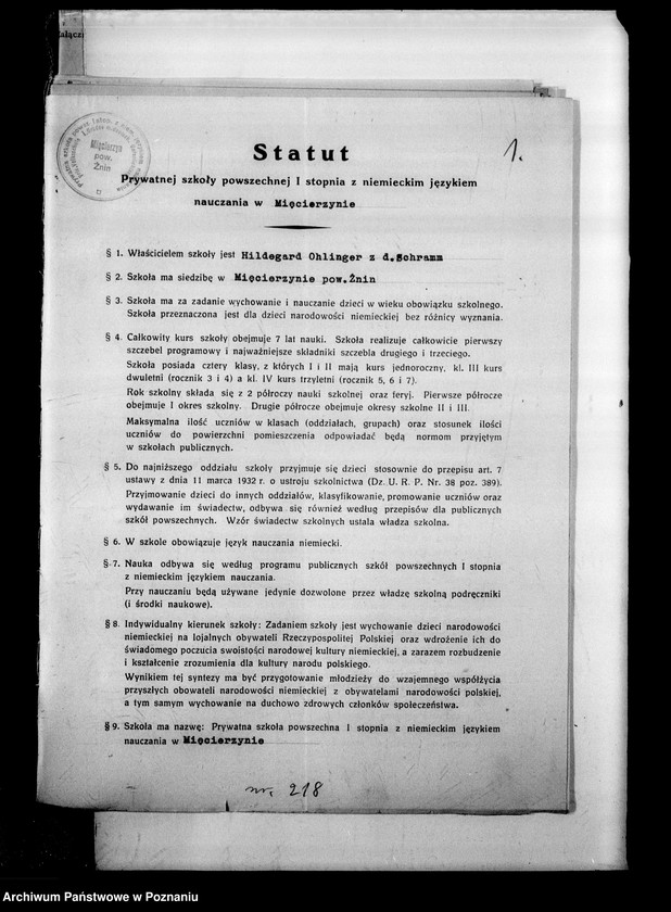 Obraz 5 z jednostki "Prywatna Szkoła Powszechna z niemieckim językiem nauczania w Mięcierzynie powiat Żnin"
