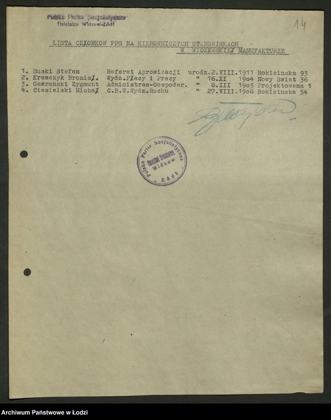Obraz 15 z jednostki "Wykazy członków PPS na kierowniczych stanowiskach w zakładach pracy"