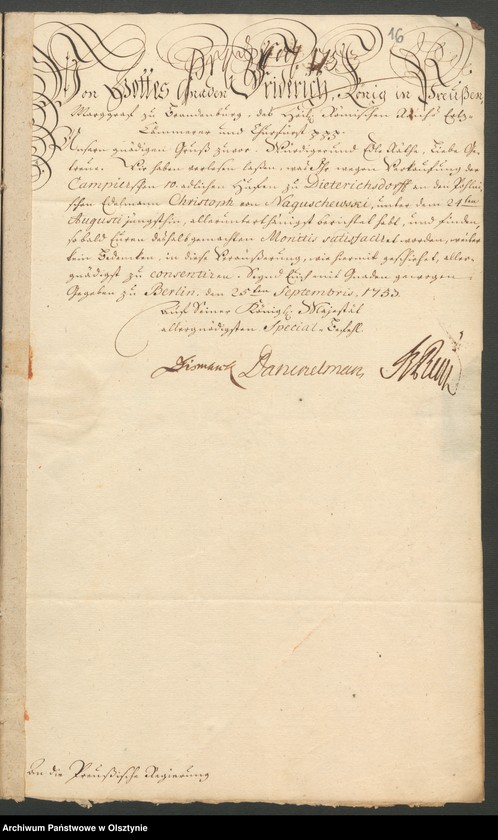 image.from.unit.number "In S. [Sachen] der verwittibten Lieutenantin Sophia Elisabeth von Campier. Den Verkauff ihrer 10 Adelichen Huben in Dietrichsdorff [Wietrzychowo] an den Christoph von Naguschewski"