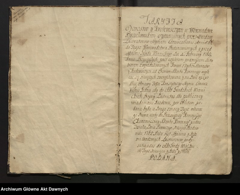 image.from.unit.number ""Taryffa Starostw y Krolewszczyzn w Woiewodztwie Bracławskim (...)." Lustracja strostwa winnieckiego (k. 1b - 18v), lustracja dóbr Wielkich i Małych Chruszliniec (k. 19 - 21v), lustracja strostwa lityńskiego (k. 22 - 27v), lustracja dóbr Pułtowice, Ilkowiec I Szerokiej Grobli als Czortki (k. 28 - 32v), lustracja dóbr Skurzyniec i Parpurowiec (k. 33 - 34v), lustracja strostwa aysyńskiego (k. 35 - 40v), lustracja strostwa bracławskiego (k. 41 - 48v), lustracja dóbr nowo osadzonych Jastrzębińce als Kutkowska (k. 49 - 50), sumariusz kwarty w dobrach królewskich w województwie bracławskim (k. 50 - 50v). "Starostwa w Województwie Bracł. y Powiecie Zwinogrodzkim leżące które Wojewodztwo Kijowskie przzez alternate Lustrowało" (k. 51)."