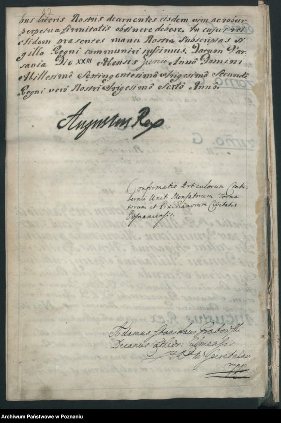 image.from.unit.number "August II (Saski), król polski … potwierdza cechowi stolarzy, tokarzy, szyfterów, organmistrzów i szklarzy w Poznaniu artykuły statutowe transumując treść"