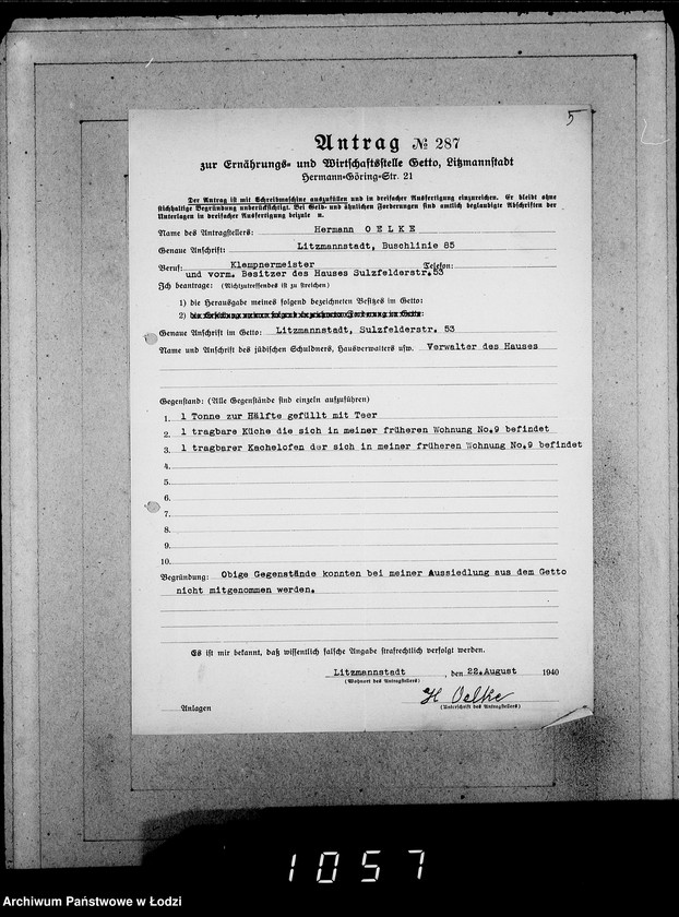 Obraz 9 z jednostki "286-320 [Wnioski ludności nieżydowskiej wysiedlonej z Getta o zwrot rzeczy pozostawionych w dawnym miejscu zamieszkania]"