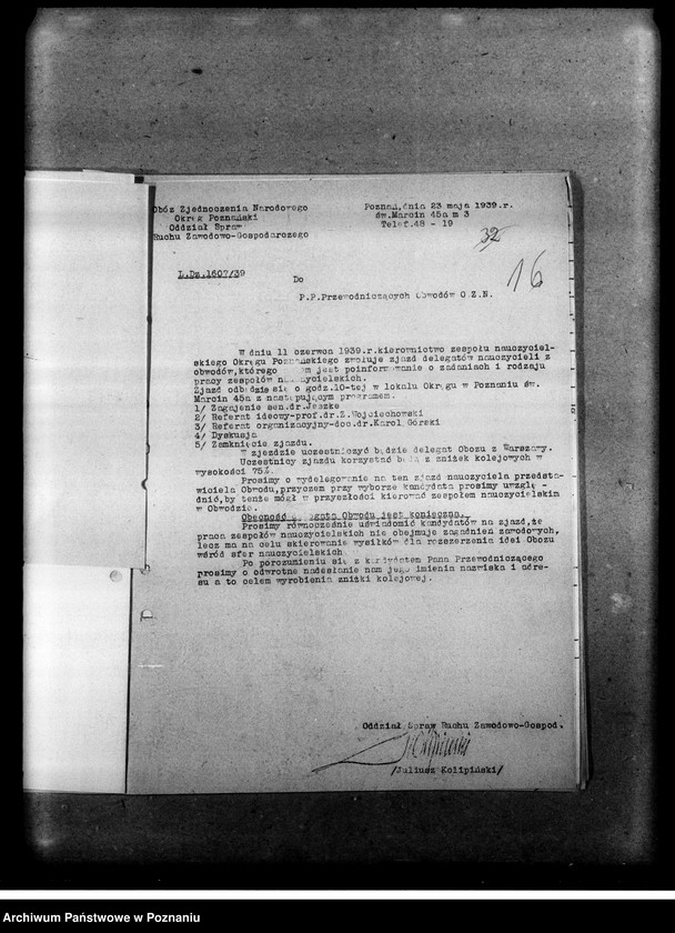 Obraz 19 z jednostki "Pisma okólne, instrukcje oraz korespondencja dotycząca organizacji i zadań zespołów nauczycielskich Obozu Zjednoczenia Narodowego. Listy obecnych na odprawach delegatów w/w sprawie"