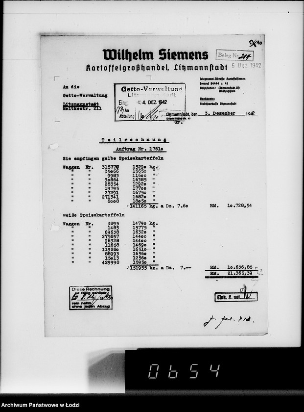 Obraz 14 z jednostki "Lebensmitteleinkauf. Aufträge, [Lieferscheinen und Rechnungen] 17593-17610 [Dostawa ziemniaków do Getta]"