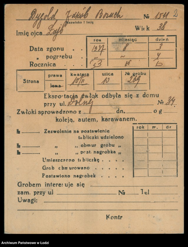 Obraz 3 z jednostki "Kartoteka osób pochowanych na cmentarzu żydowskim przy ulicy Brackiej w latach 1892-1953. Nazwiska na litery: Dy-Dz"