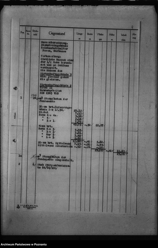 Obraz 13 z jednostki "Dienstwohngebäude - Reichsstatthalter Posen. Wirtschaftsgebäude 1 - 4 (nad jeziorem Góreckim) Massenberechnung"