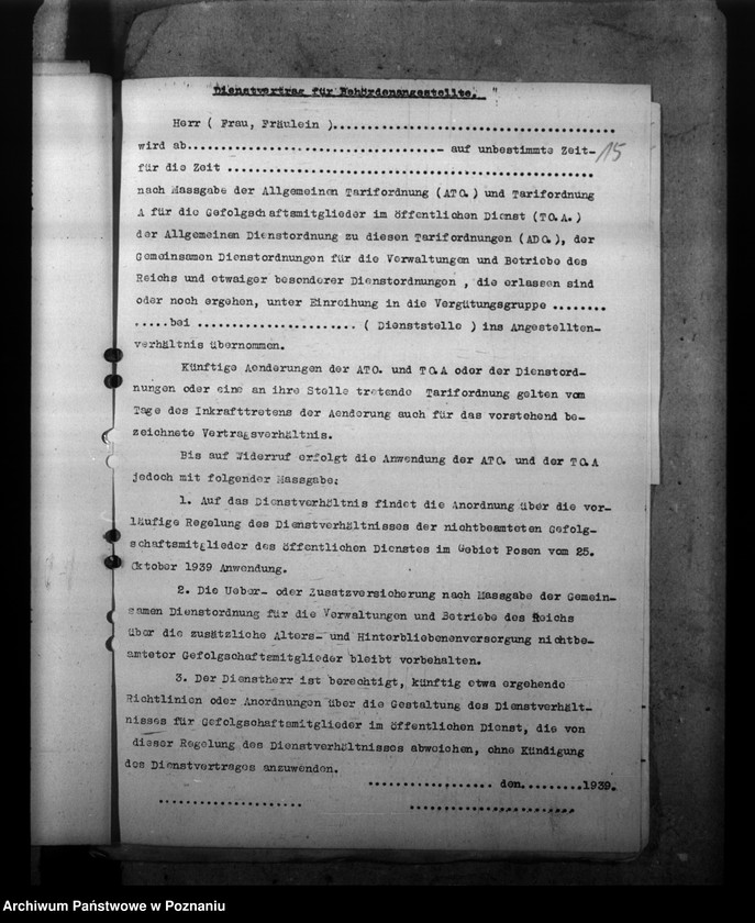 Obraz 20 z jednostki "Regelung des Dienstverhältnisses der Gefolgschaftsmitglieder im Gebiet Posen. Alters- und Hinterbliebenenversorgung. Entfernung der Polen ausdem öffentlichen Dienst"