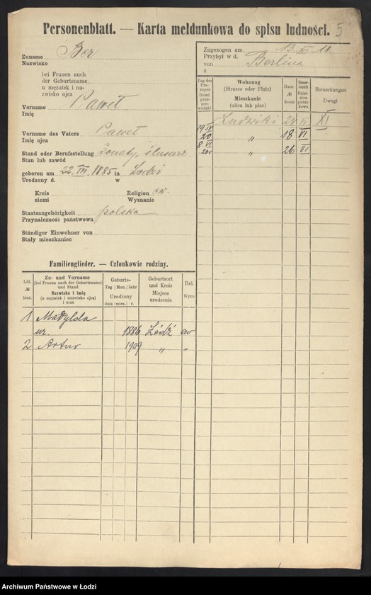 Obraz 7 z jednostki "[Spis ludności Łodzi] Ber - Behr"