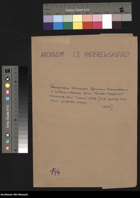 image.from.unit.number "Genialnemu Wirtuozowi Ignacemu Paderewskiemu w hołdzie - widzowie filmu "Sonata Księżycowa". Warszawa, kino "Cassino" 1937 (List dyrekcji kina, album podpisów widzów)"
