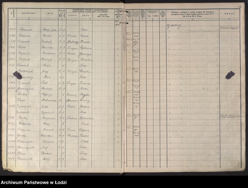 Obraz 16 z jednostki "Księga kontroli ruchu ludności (rejestr osób przybywających do gminy) Łódź, komisariat IV, ks. III, nr 6150-9390"