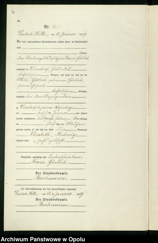 Obraz 8 z jednostki "Geburts-Neben-Register des Standesamts Deutsch Wette pro 1907"