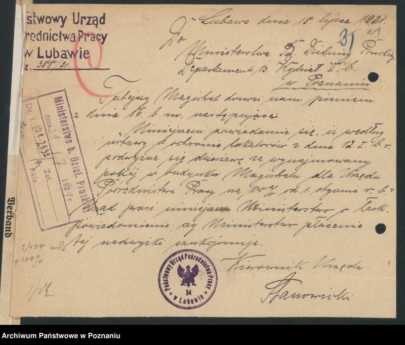 Obraz 18 z jednostki "Ministerstwo B.Dz.Pruskiej Dep.13.Pracy i Opieki Społecznej Wydział Pośredn.Pracy PUPP Lubawa"