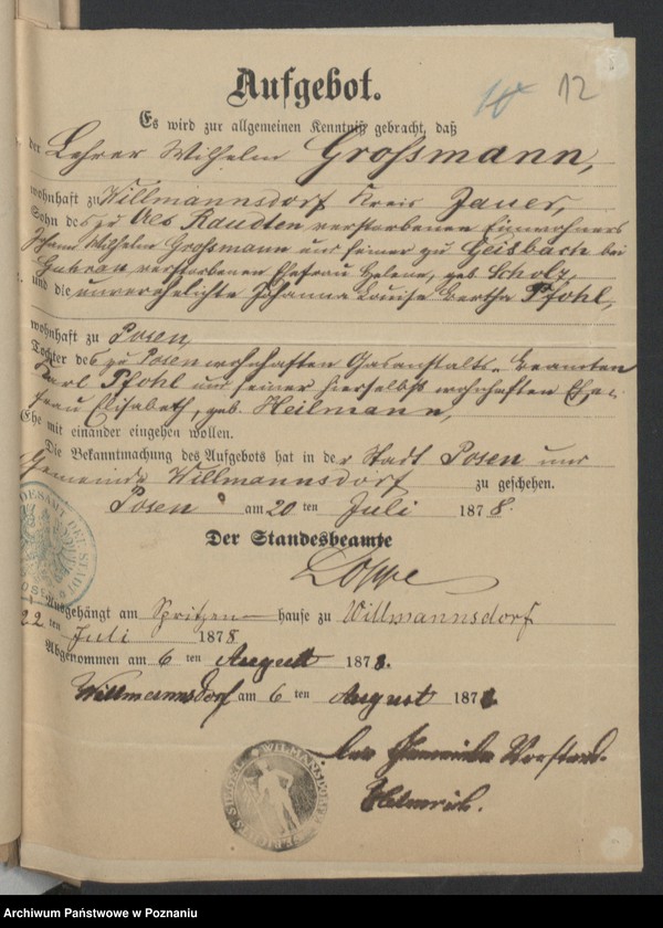 Obraz 14 z jednostki "Die von den Verlobten beigebrachten Urkunden zur Eheschliessung pro 1878"