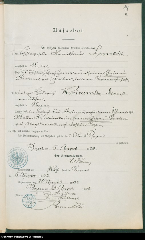 Obraz 16 z jednostki "[Dokumenty dostarczone przez narzeczonych do zawarcia związku małżeńskiego za 1902 rok. Tom VI]"