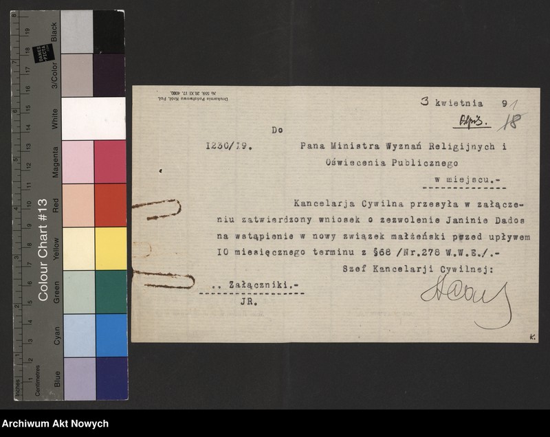 image.from.unit.number "Skrócenie 10 miesięcznego terminu zakazu wstąpienia w ponowne związki małżeńskie. Reskrypty Naczelnika Państwa, wnioski, korespondencja z Min. Wyznań Religijnych i Oświecenia Publicznego"