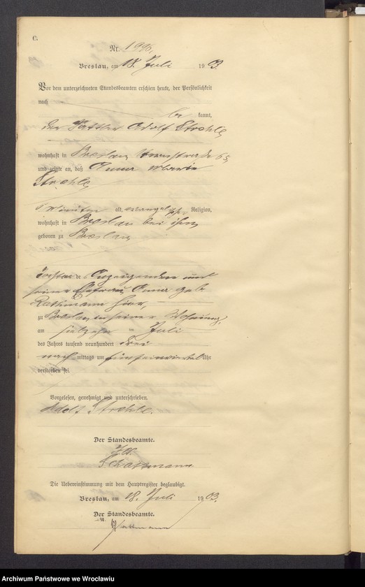 image.from.unit.number "Sterbe Neben Register Standesamt Breslau III 1903 Band 6"