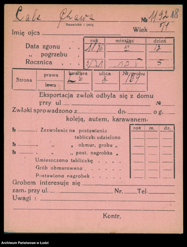 Obraz 19 z jednostki "Kartoteka osób pochowanych na cmentarzu żydowskim przy ulicy Brackiej w latach 1892-1954. Nazwiska na litery: Ca-Choros"