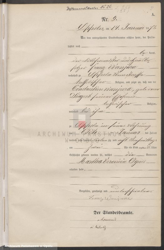 Obraz 13 z jednostki "Urząd Stanu Cywilnego w Opolu 1878 Rejestr Urodzeń Księga Miejscowa Nr 1 do 487"