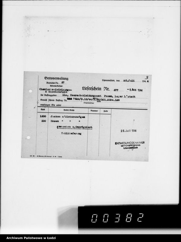 Obraz 7 z jednostki "[Dowody dostawy odzieży dla intendentury wojskowej w Poznaniu] Heeresbekleidungsamt Posen"