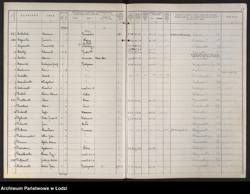 Obraz 18 z jednostki "Księga kontroli ruchu ludności (rejestr osób opuszczających gminę) Łódź, zespół V, lit. M, P"