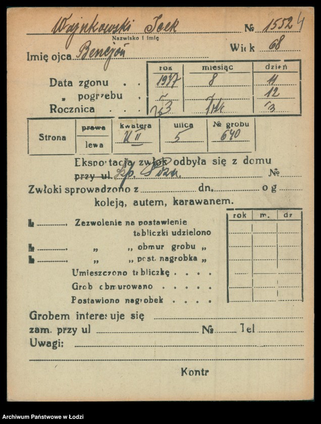 Obraz 5 z jednostki "Kartoteka osób pochowanych na cmentarzu żydowskim przy ulicy Brackiej w latach 1892-1958. Nazwiska na litery: Wajnh-Wajs"