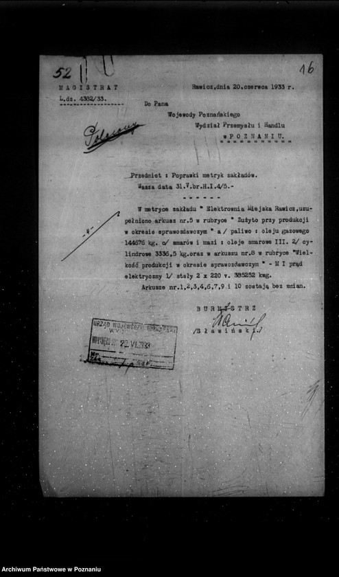 Obraz 20 z jednostki "Kwestionariusz Elektrowni Miejskiej w Bojanowie powiat rawicki"