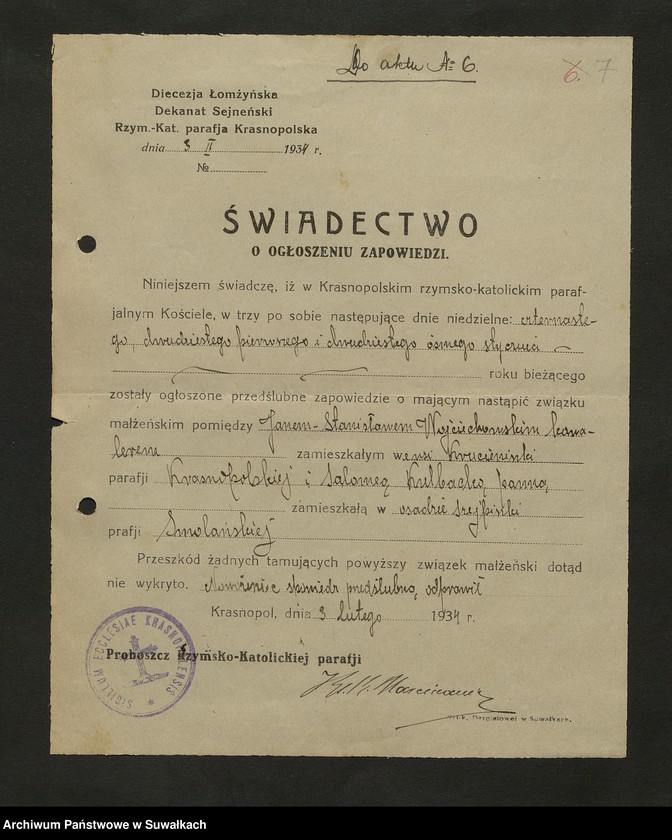 image.from.unit.number "Dokumenty do aktów zaślubionych Rzymsko Katolickiej parafji Smolanskiej za rok 1934"