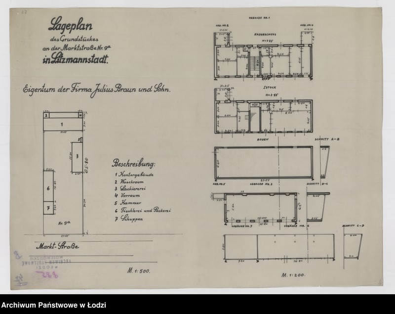 Obraz 1 z jednostki "Lageplan des Grundstückes an der Marktstrasse Nr 9a in Litzmannstadt. Eigentum der Firma Julius Braun und Sohn"