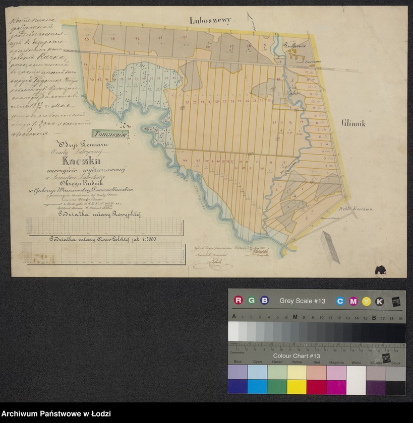 Obraz 1 z jednostki "Odrys pomiaru osady fabrycznej Kaczka wieczyście wydzierżawionej w leśnictwie Lubochnia, okręgu Rudnik w guberni warszawskiej, powiecie rawskim"