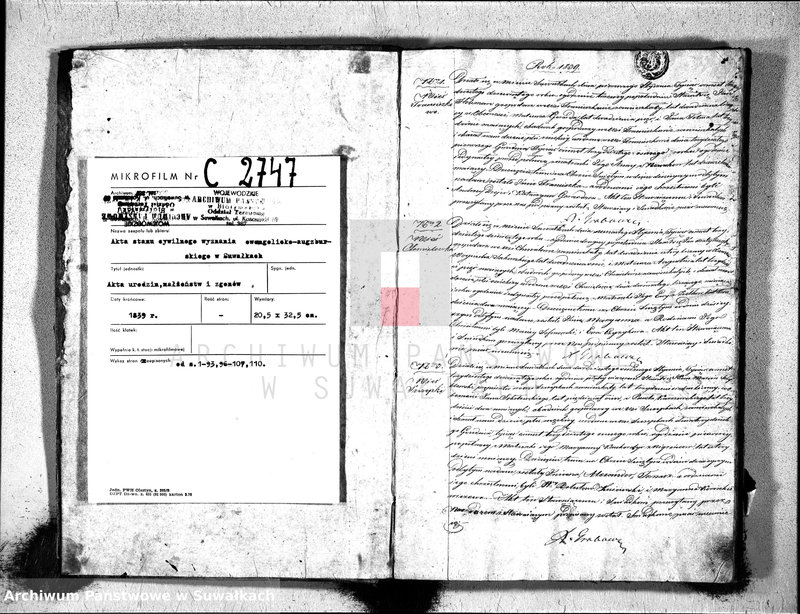 image.from.unit.number "Księga Duplikat Urzędnika Stanu Cywilnego Wyznania Ewangelickiego Okręgu Suwałki w Powiecie Dąbrowskim Obwodzie i Gubernii Augustowskiey na Rok 1839."