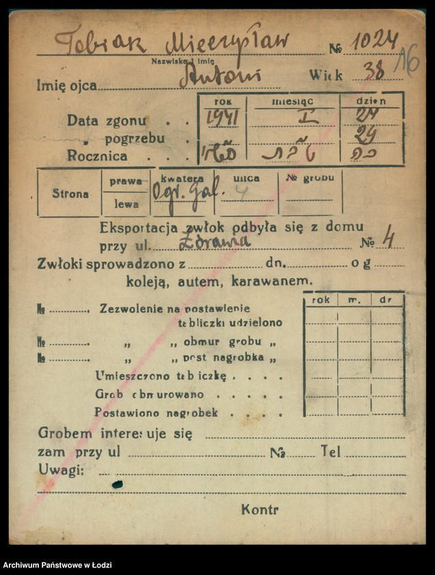 Obraz 17 z jednostki "Kartoteka osób pochowanych na cmentarzu żydowskim przy ulicy Brackiej w latach 1892-1957. Nazwiska na litery: To-Ty"