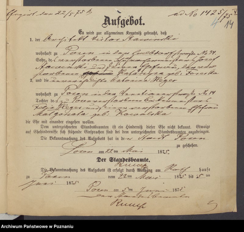 Obraz 16 z jednostki "Die von den Verlobten beigebrachten Urkunden zur Eheschliessung pro 1875"