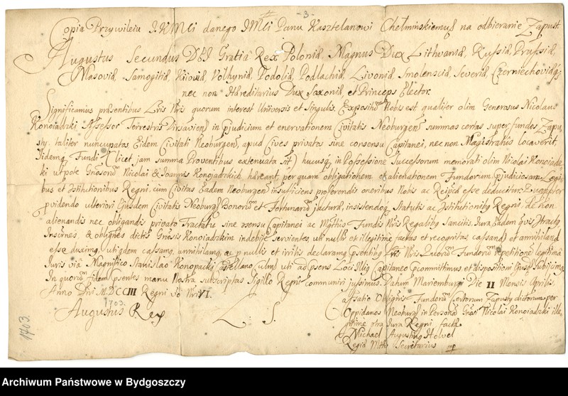 image.from.unit.number "[Kopia przywileju króla Augusta II dla kasztelana chełmińskiego na odbieranie zapust]"