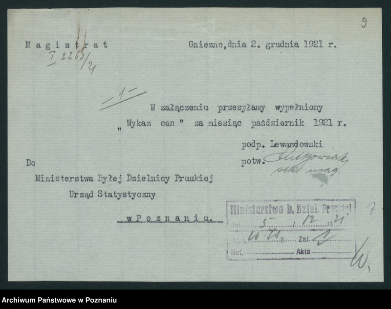 Obraz 9 z jednostki "[Wykazy cen rynkowych artykułów spożywczych w poszczególnych miastach Województwa Poznańskiego za miesiąc październik 1921 roku]"