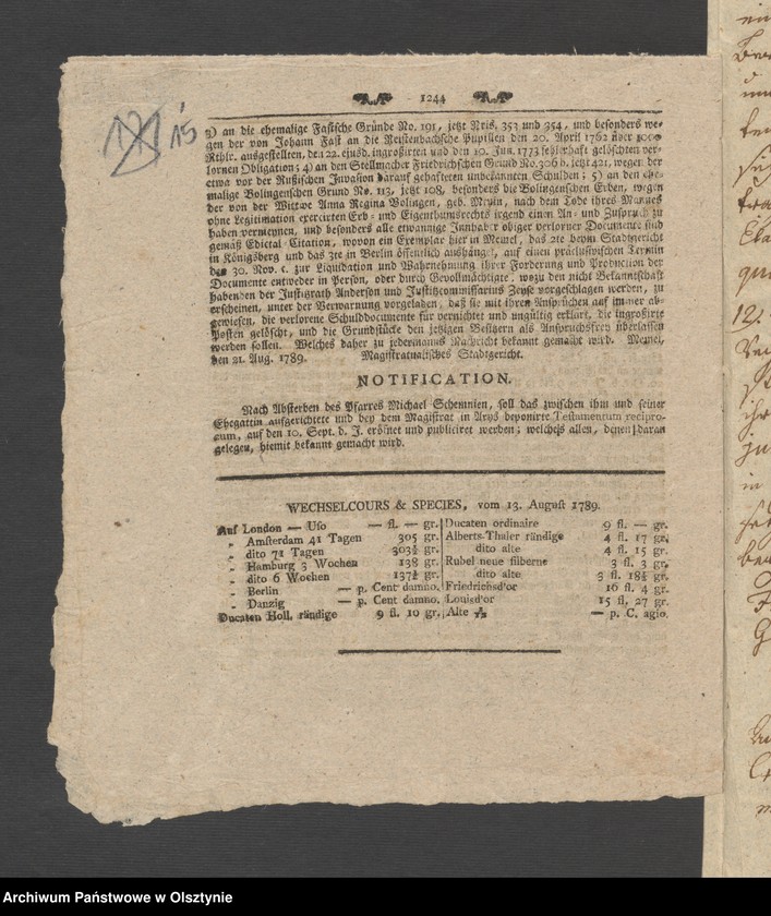 image.from.unit.number "Administrations Rechnung über des Stolterfothsche Legaten Capital und derer Intereßen deßen Einnahme und Ausgabe zu Pobethen von Michael 1788 bis dahin 1789"