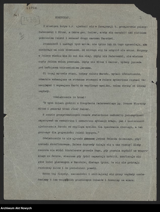 image.from.unit.number "Zjazd w Morges. Komunikaty, projekt oświadczenia I. J. Paderewskiego (rękopis W. Witosa), uchwała"