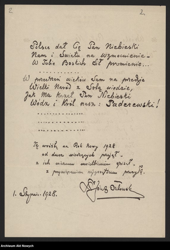 image.from.unit.number "Orłowski Józef; Załączniki: 1) wycinki prasowe; 2) "Copies of grutings to mr. Paderewski", II 1928 r. (maszynopis); 3) list J. Orłowskiego do Ernesta Gorwers