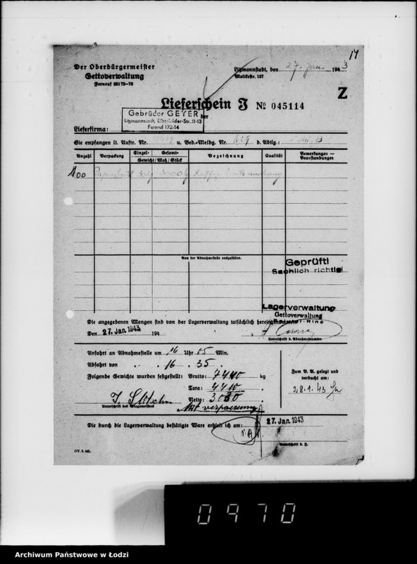 Obraz 19 z jednostki "Lebensmitteleinkauf. Aufträge, [Lieferscheinen und Rechnungen] 18371-18420. [Dostawa artykułów pierwszej potrzeby do Getta]"